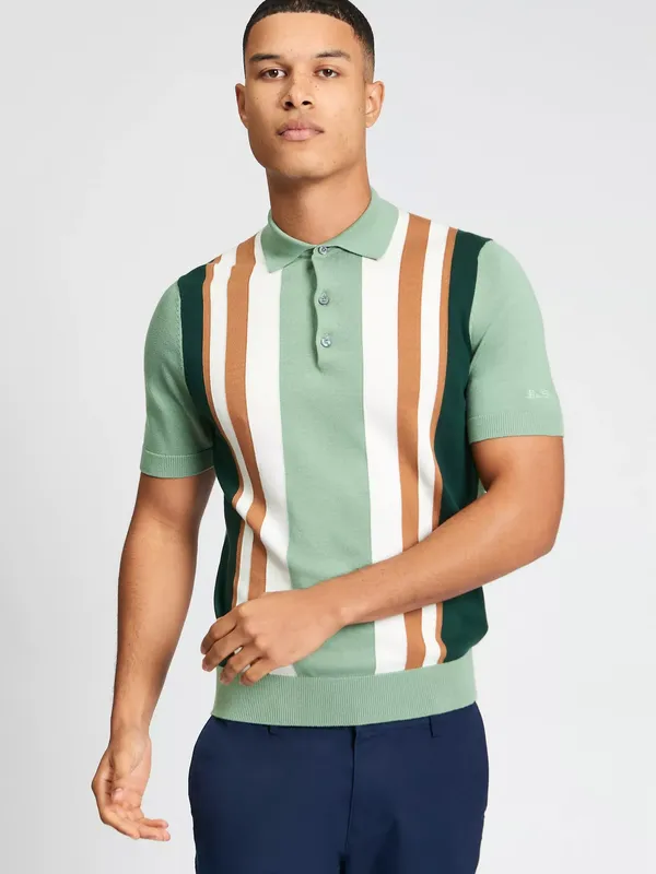 Ben Sherman Cotton Vertical Stripe Polo Shirt, Sage/Multi