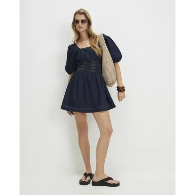 Blue Denim Mini Smock Dress