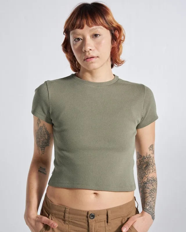 Passenger Clothing Out There Ribbed Cropped T-Shirt - Dusty Olive