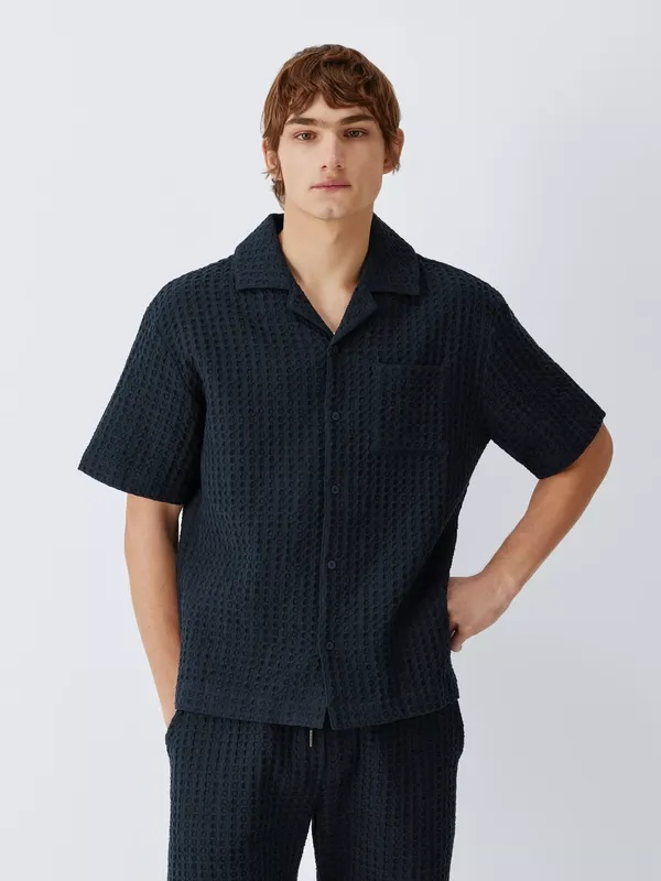 John Lewis Resort Cotton Waffle Texture Short Sleeve Shirt, Navy