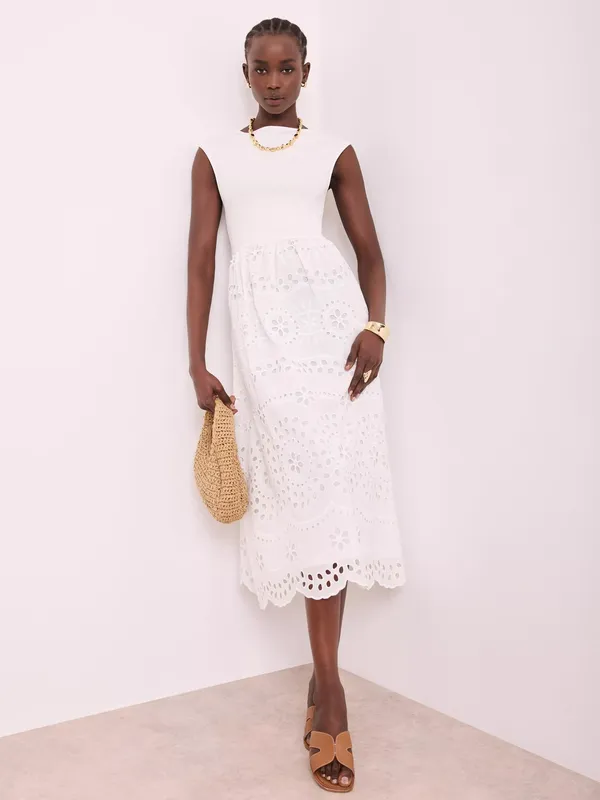 Mint Velvet Broderie Cotton Midi Dress, White Ivory