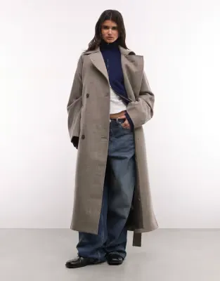 Kia wool blend oversized coat with tie waist detail in mole melange
