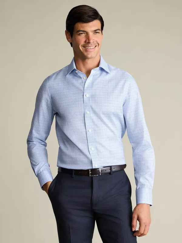 Charles Tyrwhitt Windowpane Check Cutaway Collar Non-Iron Cotton Twill Slim Fit Shirt, Sky Blue