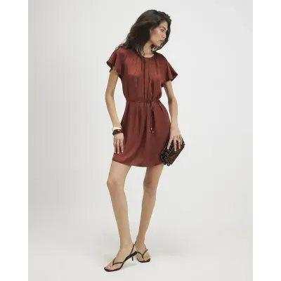 Brown Satin Pleat Neck Mini Dress