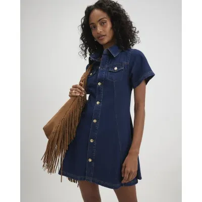 Blue Button Through Denim Shirt Mini Dress
