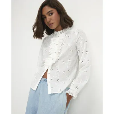 White Cotton Broderie Ruffle Blouse