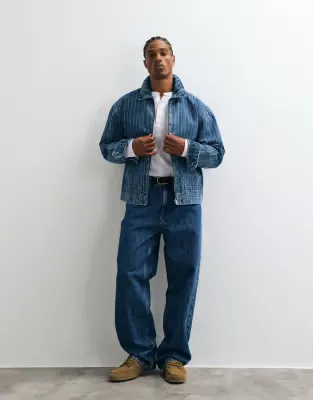 co-ord striped denim jacket in mid wash blue