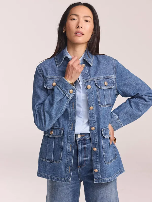 Mint Velvet Cinched Waist Cotton Denim Shacket, Blue