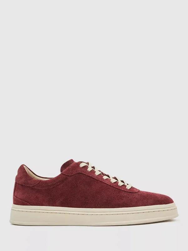 Reiss Anders Suede Perforated-Detail Trainers, Maroon Red