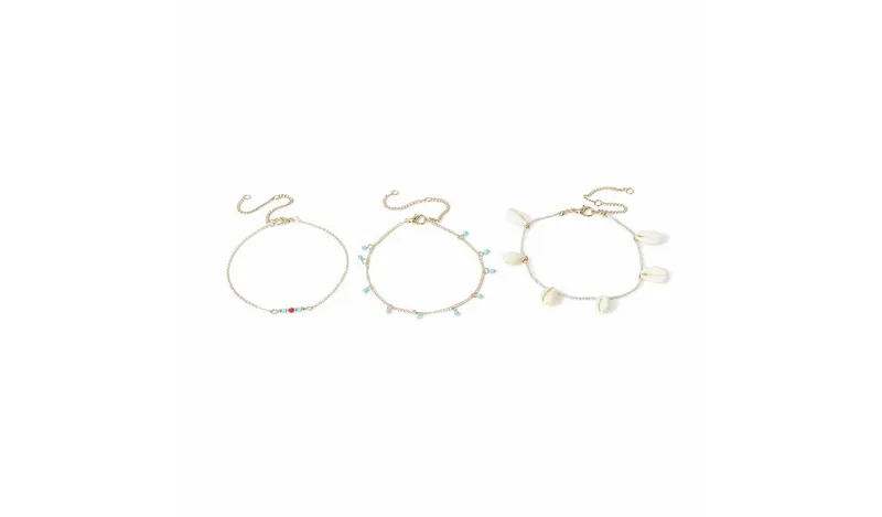 Freedom Gold Tone Blue Bead and Shell Anklet Set