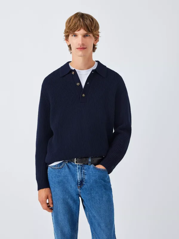 John Lewis Merino Wool Blend Rib Knit Polo Collar Jumper