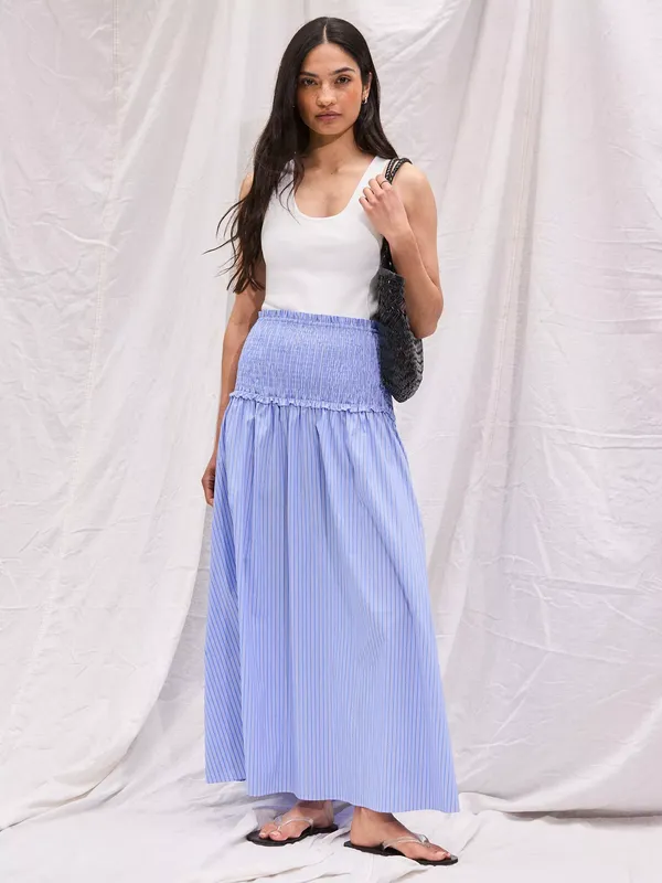 Ro&Zo Petite Stripe Shirred Maxi Skirt, Blue