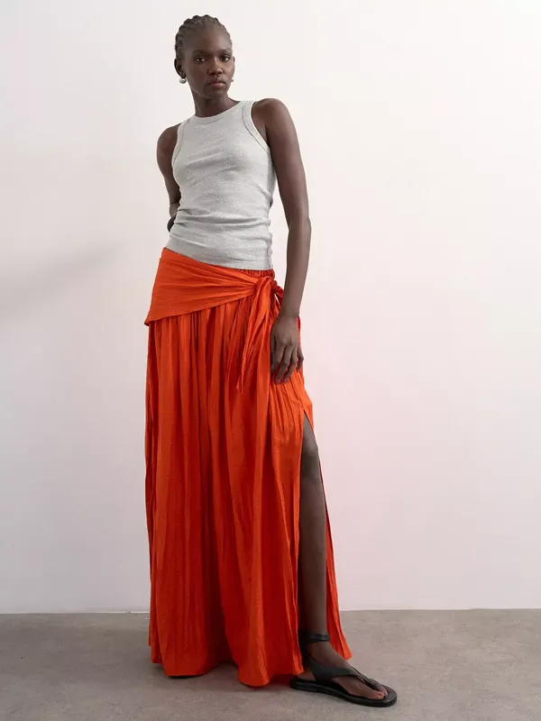 Topshop Crinkle Side Slit Maxi Skirt, Orange