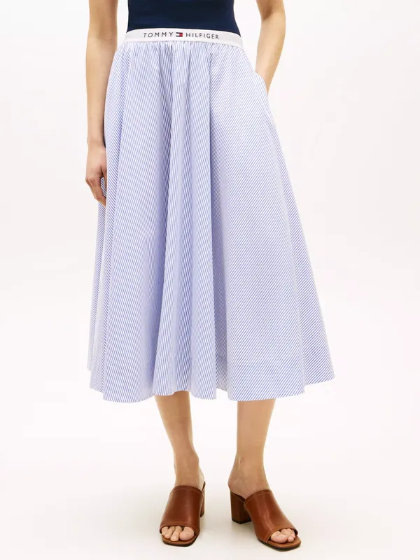 Tommy Hilfiger Stripe Logo Waistband Midi Skirt, Light Blue