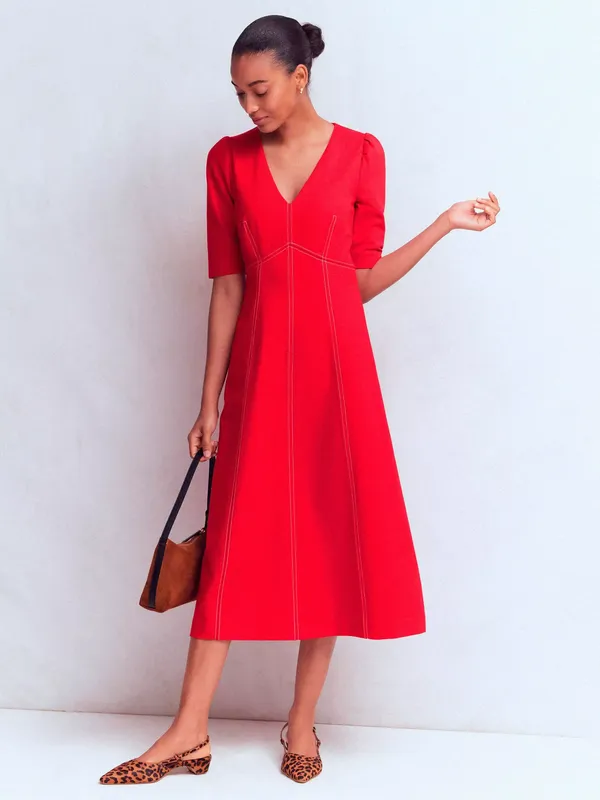 Boden Puff Sleeve A-Line Midi Dress containing LENZING™ ECOVERO™ Viscose, Merida Red