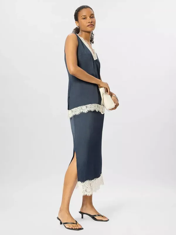 Whistles Lace Trim Satin Midi Skirt, Navy/Multi