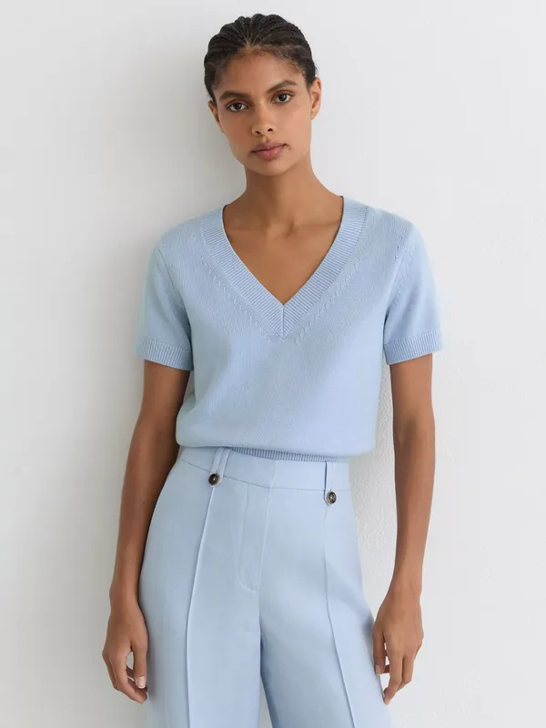 Reiss Valerie Cotton Blend Short Sleeve V-Neck Jumper, Soft Blue