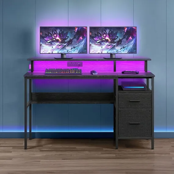 VASAGLE Computer Desk with Power Strip and Monitor Stand, Gaming Desk - Black