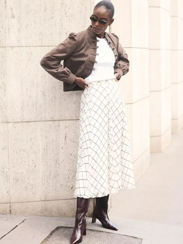 Mint Velvet Check A-Line Midi Skirt, Natural