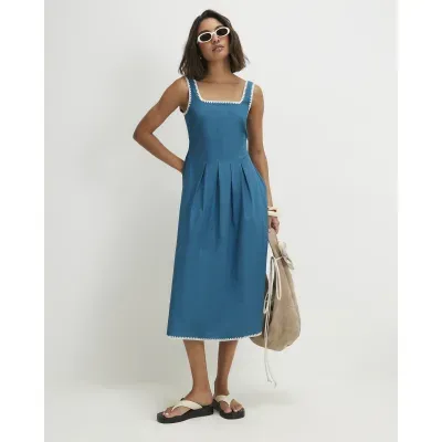 Blue Cotton Whipstitch Pleated Midi Dress