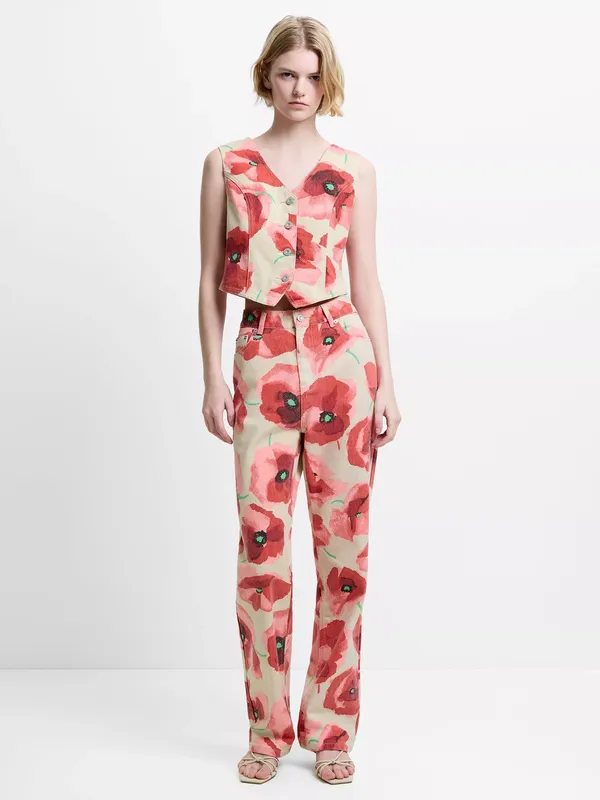French Connection Poppy Dallas Floral Wide Leg Jeans, Red/Multi