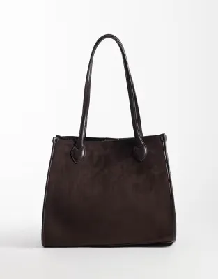 mixed suedette tote bag in dark brown