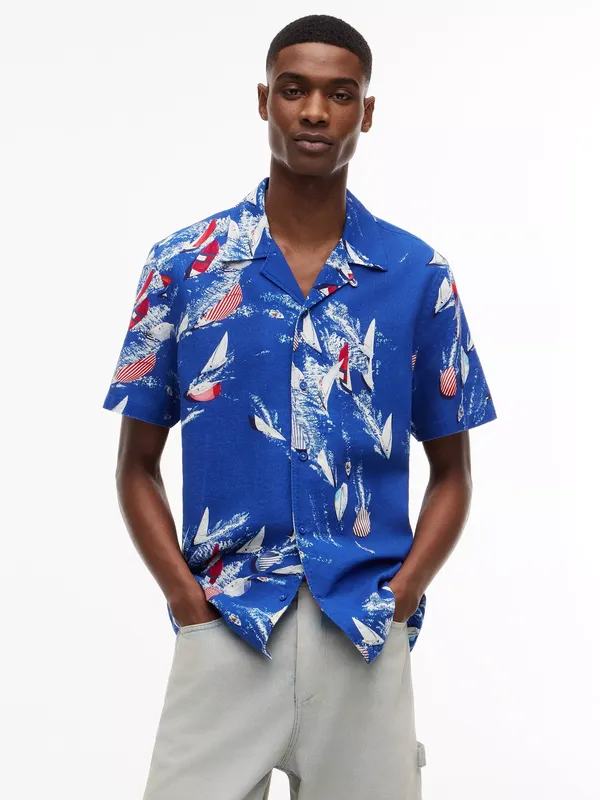 Tommy Hilfiger Button Through Short Sleeve Linen Cotton Blend Shirt, Multi