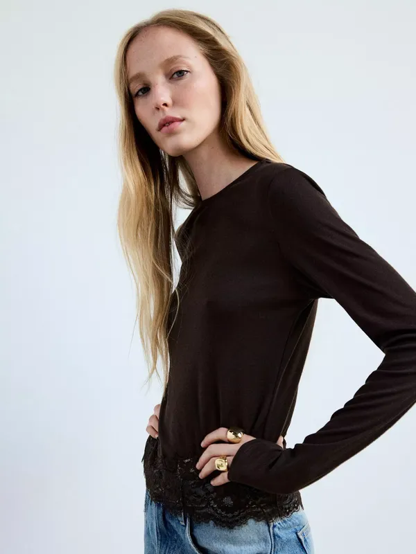 Mango Lace Hem Long Sleeve T-Shirt, Brown