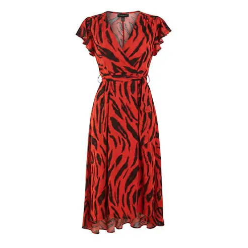 AX Paris Orange Tiger Print Flutter Sleeve Belted Wrap Midi Dress