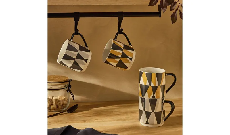 Argos Home Geo Triangles Pack of 4 Stoneware Stacking Mugs